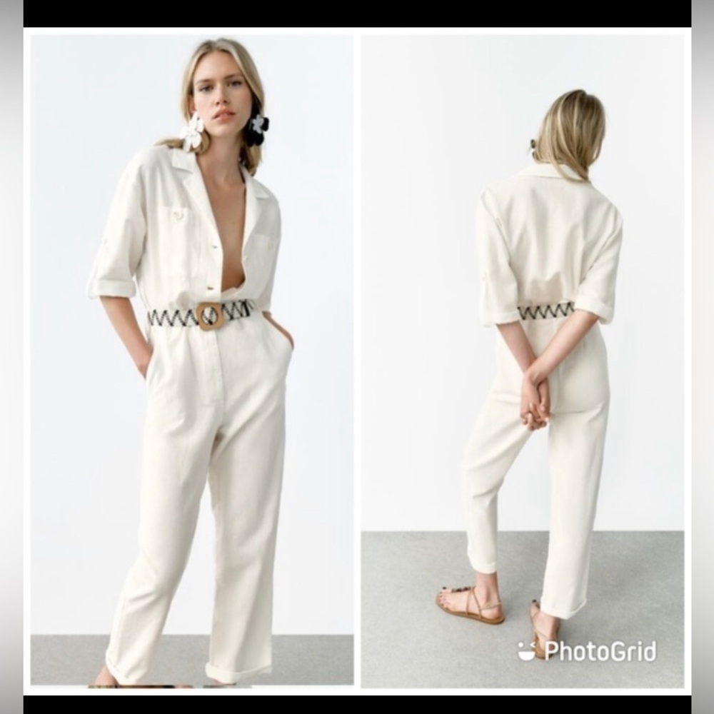 ZARA LINEN BLEND JUMPSUIT WITH BELT NWOT